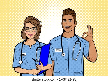 Doctores al estilo de arte pop. Antecedentes vectoriales en arte pop retro de estilo cómico. Ilustración para publicidad impresa y web. 
