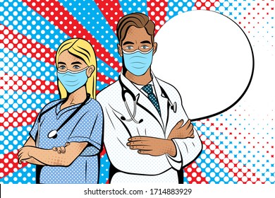 Doctors in pop art style. Vector background in comic style retro pop art. Illustration for print advertising and web. 