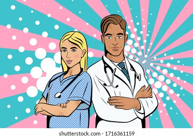Doctors in pop art style. Vector background in comic style retro pop art. Illustration for print advertising and web. 