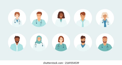 Doctors portrait set. Profile icons, avatars of women and men different nationalities. Muslim female, black woman, African man, Asian girl. Healthcare, medical service. Vector illustration.