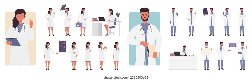 Doctors pose set vector illustration. Cartoon isolated female and male characters with stethoscope and medical robes, woman and man research patients xray of lungs and stomach, holding first aid box