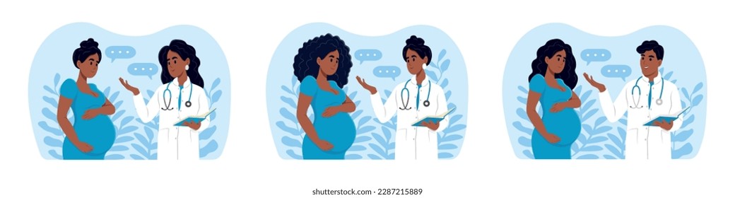 Doctors and pregnant women are African American. Male and female doctors talking to patients using a tablet during consultation.