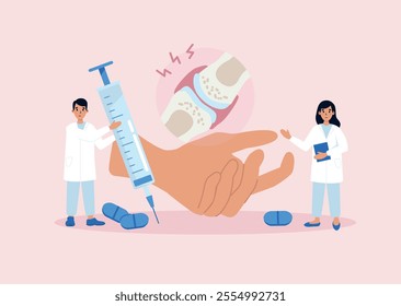 Doctors prescribe treatment. Hand with crooked fingers suffering from rheumatoid arthritis. Vector illustration in cartoon style.