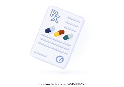 Doctor's prescription 3d. Paper form, diagnosis, pharmacy list with medications. Prescription rx with pills and medicines. The concept of prescribing a dose of pills, capsule, recipe and stamp. Vector