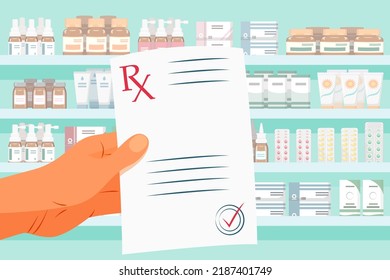 Doctor's prescription in hand against background of pharmacy showcase. Document for pharmacist with seal. List of medicines for purchases. Sale of antibiotics.