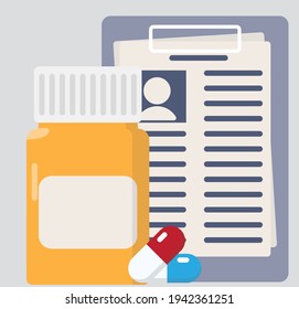 Doctor's prescription. Medicines. Pills. Drawing in flat design.