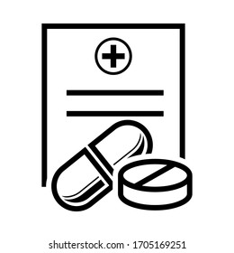 Doctor's Prescription With Pill, Tablet Icon For Medication. Medical Report Illustration Symbol.