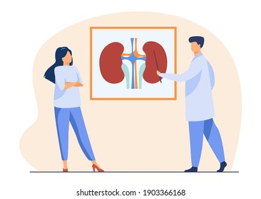 Doctors presenting human organ chart. Kidney, presentation, scientist with pointer. Flat vector illustration. Medical conference, training concept for banner, website design or landing web page