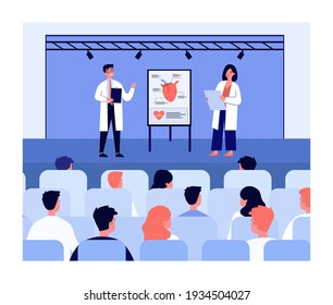 Doctors presenting new treatment for heart disease before audience. Flip chart with human heart and heart beats. Vector illustration. Healthcare or cardiology concept for banner, website, landing page