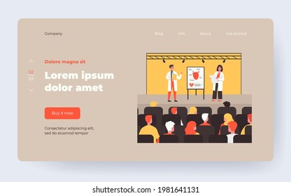 Doctors presenting new treatment for heart disease before audience. Flip chart with human heart and heart beats. Vector illustration. Healthcare or cardiology concept for banner, website, landing page