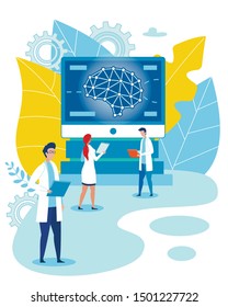 Doctors Professional Team Studying Brain Functions and Senses Diseases Use Modern Digital Technologies. Smart Medicine and Neurology Department. Anatomical Knowledge Science. Vector Illustration