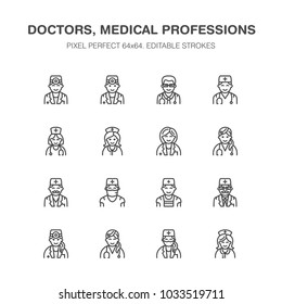 Doctors professions. Medical occupations - surgeon, cardiologist, dentist therapist, physician, nurse intern. Hospital clinic outline signs Pixel perfect 64x64.