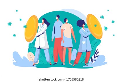 Doctors protect citizens from virus vector illustration. People and physician character wearing face mask fight against covid-19, medical worker with shield, front line for coronavirus.