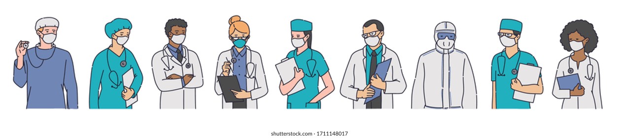 Doctors in protective antibacterial clothes and medicine masks for work during coronavirus pandemic, sketch vector illustration isolated on white background.