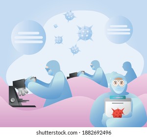 doctors with protective covid 19 virus suits and research icon set design of 2019 ncov cov and coronavirus theme Vector illustration