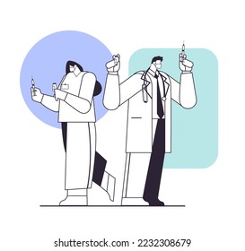 doctors in protective masks holding syringe and bottle vial coronavirus vaccine development fight against covid-19 concept