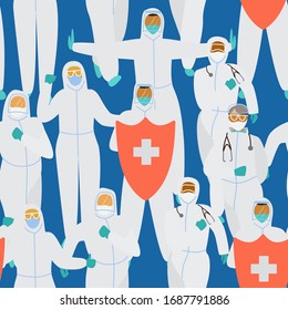 Doctors in protective overalls and masks with red shield saving the world seamless pattern. Coronavirus fighters. Flat vector illustration.