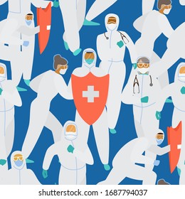 Doctors in protective overalls and masks with red shield saving the world seamless pattern. Coronavirus fighters. Flat vector illustration.
