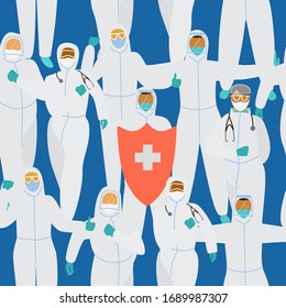 Médicos en puestos de protección y máscaras con escudo rojo salvando el mundo sin fisuras. Combatientes del Coronavirus. Ilustración vectorial plana.