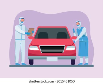 Doctors in protective suit around car on puple background