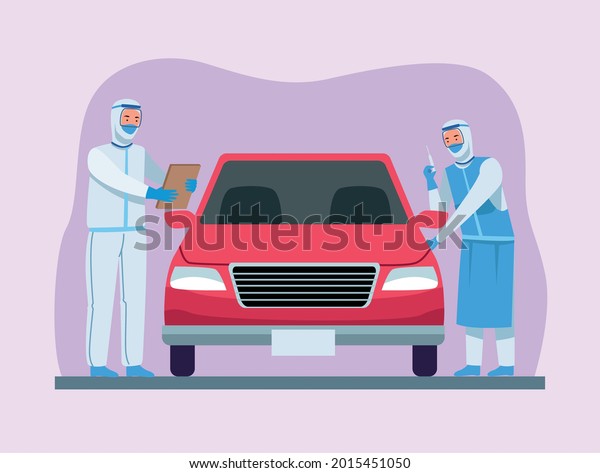Doctors\
in protective suit around car on puple\
background