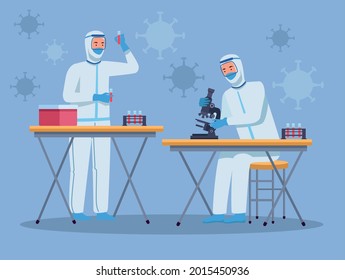 Doctors in protective suit doing research on blue background