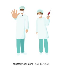Doctors in  protective suit and mask hold injection syringe Sing stop. Hand drawn style vector design illustrations.