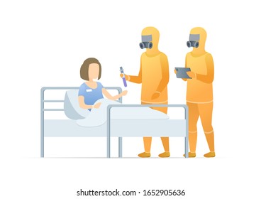 Doctors in protective suit and young woman coughing because has virus infection. China pathogen respiratory coronavirus. Vaccine testing. Epidemic MERS-CoV virus 2019-nCoV. Vector flat illustration,