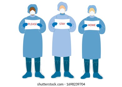 Médicos en trajes protectores contra el coronavirus instan a quedarse en casa