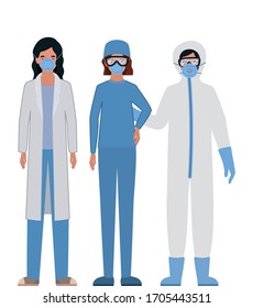Doctors with protective suits glasses and masks against Covid 19 design of Medical hygiene health emergency and patient theme Vector illustration