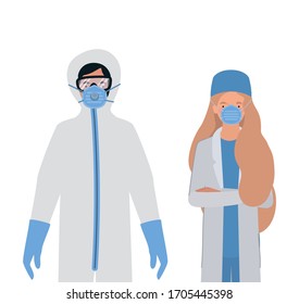 Doctors with protective suits glasses and masks against Covid 19 design of Medical hygiene health emergency and patient theme Vector illustration