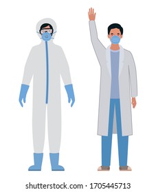 Doctors with protective suits glasses and masks against Covid 19 design of Medical hygiene health emergency and patient theme Vector illustration
