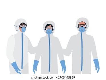 Doctors with protective suits glasses and masks against Covid 19 design of Medical hygiene health emergency and patient theme Vector illustration