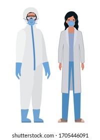 Médicos con trajes de protección anteojos y máscaras contra el diseño de Covid 19 de higiene médica emergencia de salud y tema del paciente Ilustración vectorial