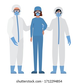Doctors with protective suits glasses and masks against Covid 19 design of Medical hygiene health emergency and patient theme Vector illustration