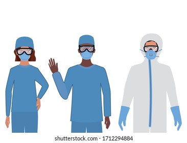 Doctors with protective suits glasses and masks against Covid 19 design of Medical hygiene health emergency and patient theme Vector illustration