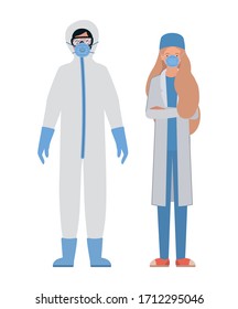 Doctors with protective suits glasses and masks against Covid 19 design of Medical hygiene health emergency and patient theme Vector illustration