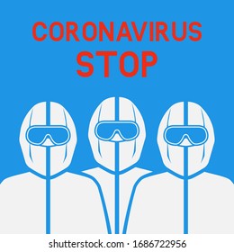 Médicos con trajes de protección de fondo azul