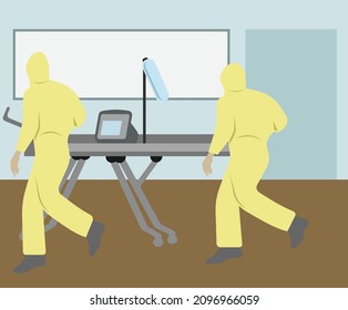 Doctors in protective suits run to the patient. Danger of infection. Coronavirus. Vector image isolated on a white background.