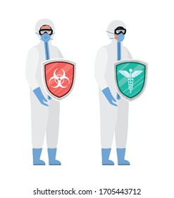 Doctors with protective suits and shields against 2019 ncov virus design of Covid 19 cov infection disease symptoms and medical theme Vector illustration