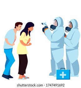Doctors with protective suits and thermometer gun checking people temperature design of Medical care and covid 19 virus theme Vector illustration
