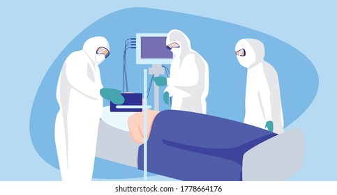 Doctors in protective suits treating a patient. Protecting doctors and nurses from the coronavirus. Disease control. Heroes of our time. The patient is in serious condition. Artificial ventilation.