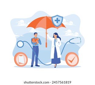 Doctors provide life insurance services. Man filling out a health insurance form. Health Insurance concept. Flat vector illustration.