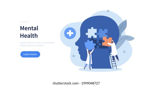 Doctors psychologist helping patient with psychological problem. Therapy against mental diseases. Mental health problem and treatment.  Mental disorder concept. Flat cartoon vector illustration.

