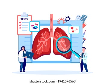 Doctors Pulmonologists Researcher,Curing,Researching Lungs,Trachea,Bronchi.Analyze Respiratory System.Medical Hospital Staff Consilium Consultation.COVID, Fever,Pneumonia Treatment.Vector Illustration