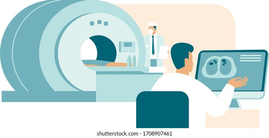 doctors radiologists making computer tomography test for patient with coronavirus COVID-19  analyzing x-ray of lungs damaged by pneumonia on monitor screen. Pulmonology Diagnostics. Flat Vector 