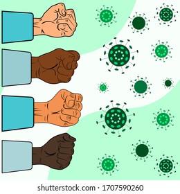 Ärzte hoben die Hände hoch. Jeder kämpft gegen Krankheit, Coronavirus, Epidemie, COVID-19. Der Arzt hält seine Fäuste für die Erholung der Menschen. Vektorillustration flache Cartoon-Illustration.