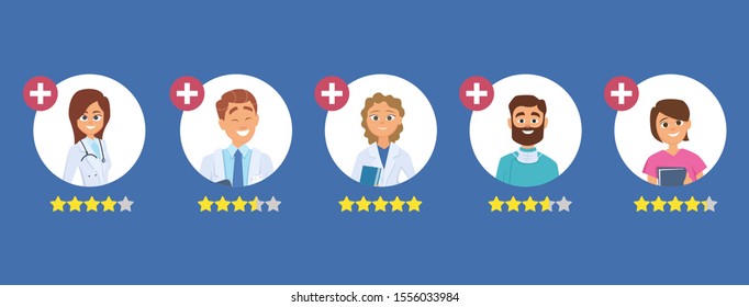 Doctors Rating. Five Star Rating Concept. Search Good Doctor. Medical Staff Reviews Vector Illustration