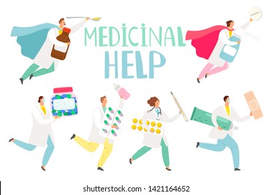 Doctors rescue. Medical workers superheroes with medications and pills help with colds and headaches, clinical care hospital team for health, vector illustration