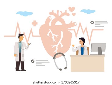 Ärzte erforschen eine Herzmedikationslösung. Konzept der kardiologischen Gesundheitsfürsorge. Flachbildcharakter Vector Illustration. 